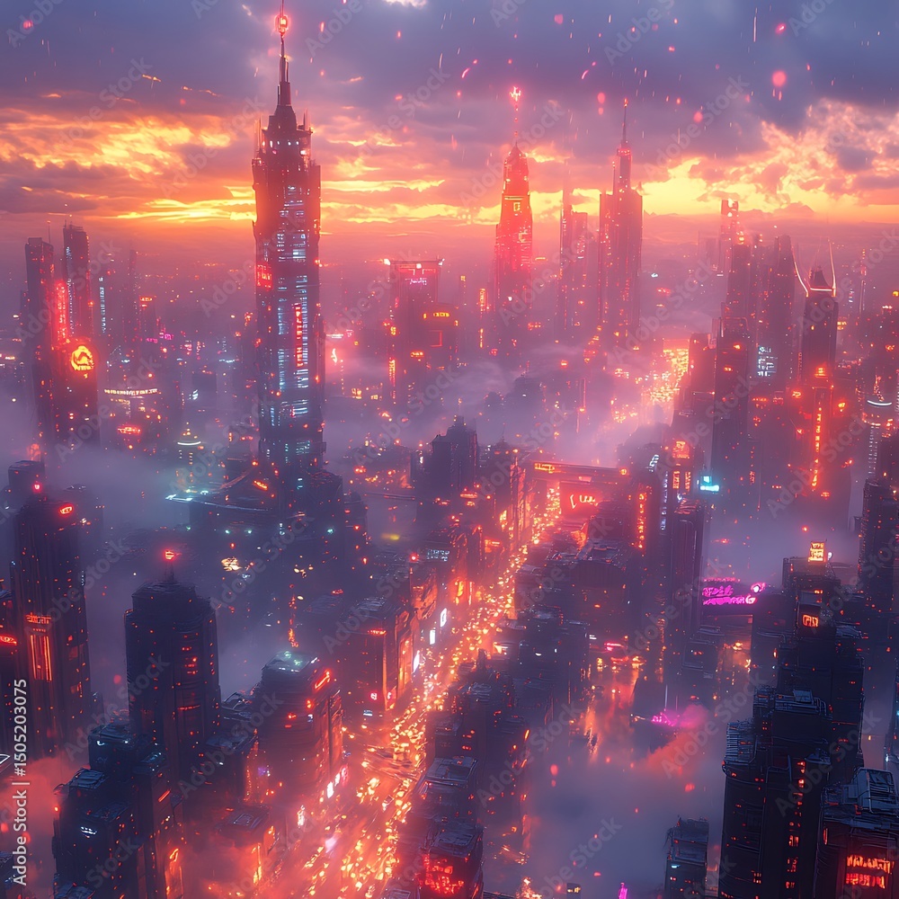 Obraz premium Futuristic cityscape with neon lights during sunset in a high resolution image