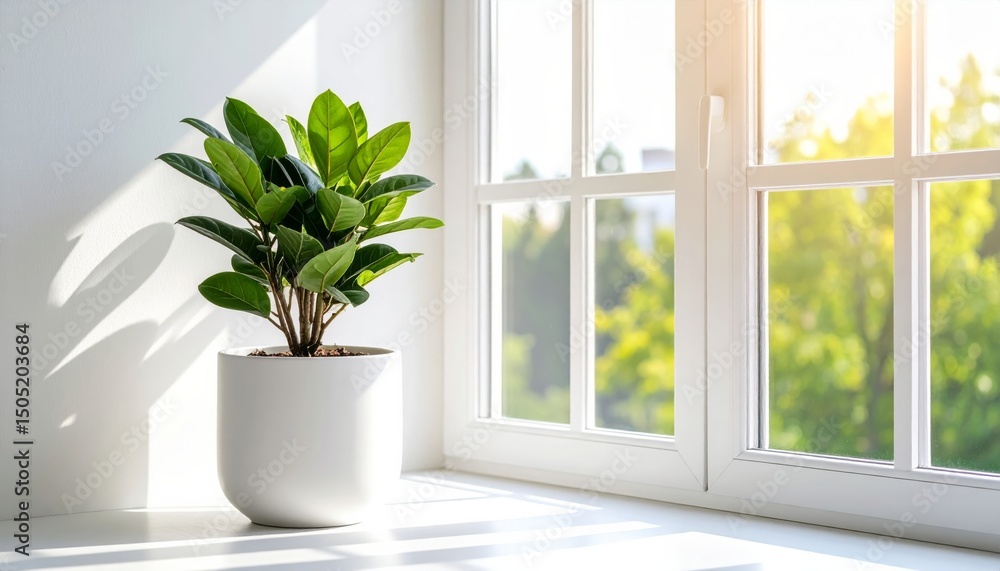 Modern house interior with a potted plant by the window, a beautiful indoor decoration Modern house interior with a potted plant by the window, a beautiful indoor decoration