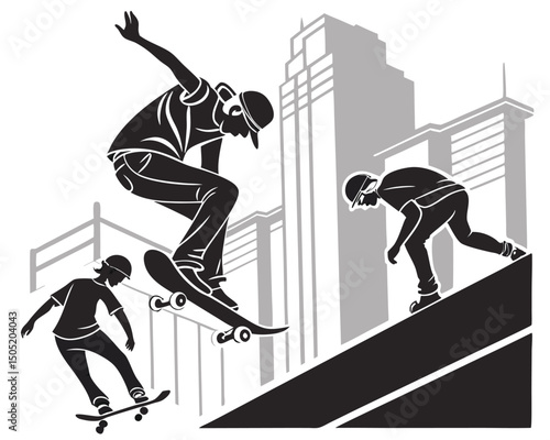 Skateboarding tricks and stunts in the city street extreme sports urban lifestyle active youth culture scene