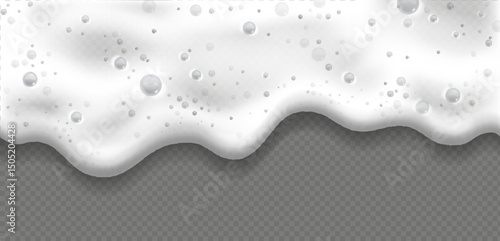 Beer foam texture. White soap froth texture with bubbles on transparent background, seamless border, Shampoo frame. Sea or ocean wave, Liquid detergent realistic 3d vector illustration