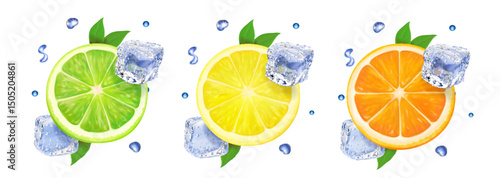 Set of citrus lemon, mandarin, lime, orange, slice with ice cubes. Fresh sour citrus fruit, alcohol cold drink with frozen icy cubes, Realistic 3d vector illustration isolated on white background