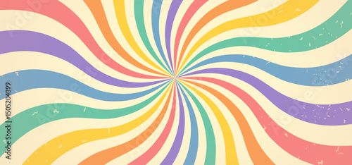 Groovy abstract rainbow swirl background. Sun rays 70s Fun Retro hippie wavy stripes . Vintage sunburst backdrop. Colorful summer funky psychedelic carnival illustration.