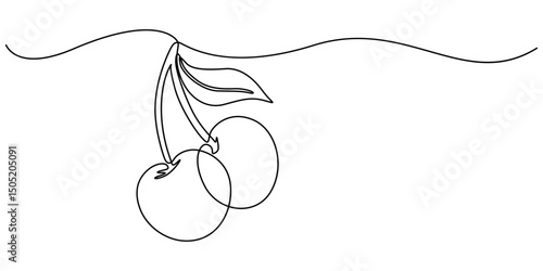 Continuous one line drawing cherry. Vector illustration. Black line art on white background, Cherry minimalistic design. Hand drawn sketch, Red cherry fruit illustration with continuous line art pro.
