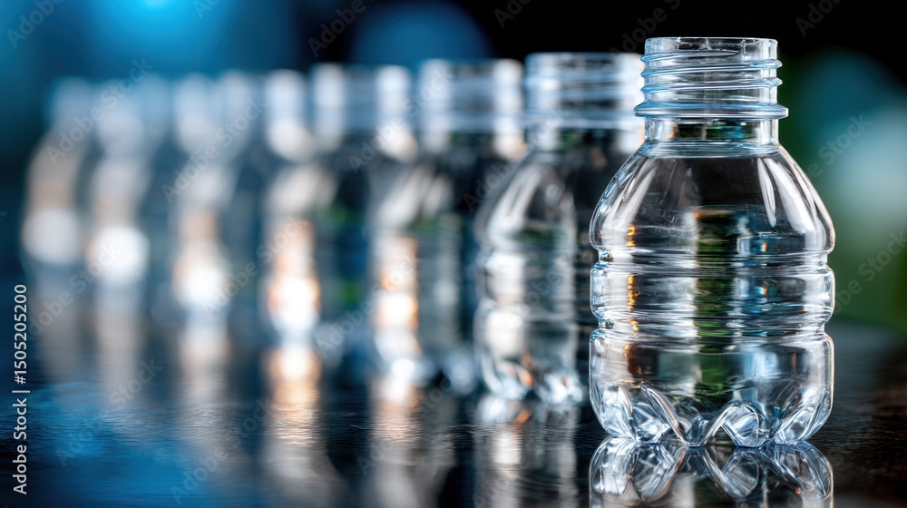 Clear Plastic Water Bottles Lined Up on Reflective Surface in Focus Clear Plastic Water Bottles Lined Up on Reflective Surface in Focus
