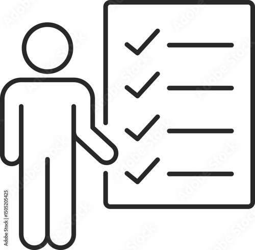 Leader with checklist board line icon for planning, goals, and task management, vector.