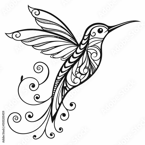 A Zentangle-style black hummingbird illustration, hand-drawn with intricate patterns, ideal for tattoos, mehndi designs, or art prints.