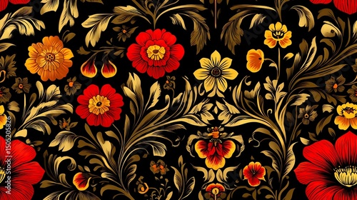 Red and gold floral design in traditional Khokhloma style, great for ethnic print materials, souvenir packaging, and heritage branding.