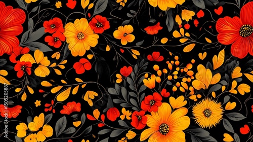 Red and gold floral design in traditional Khokhloma style, great for ethnic print materials, souvenir packaging, and heritage branding.
