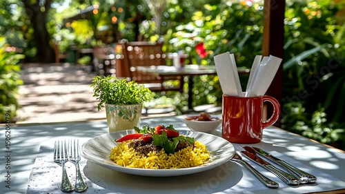 Plate of flavorful rice with meat, garnished with greens, served outdoors, forks, knives and condiments are set on the table