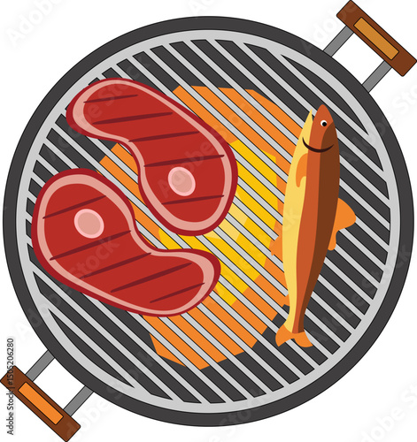 Grill with steaks and fish cooking over open flame. In cartoon style on a white background. Suitable for food themes, summer barbecue designs and culinary content.