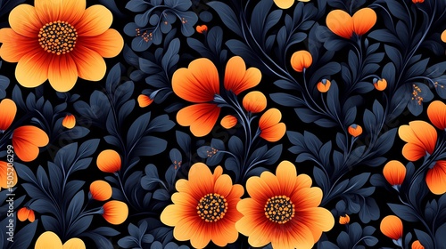 Ornamental Russian folk pattern in Khokhloma art style, suitable for wallpaper, fabric textures, and cultural visual storytelling.