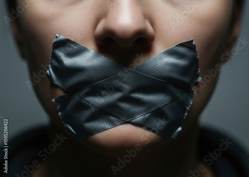 Close-up of duct tape on a mouth. A person's mouth covered with duct tape