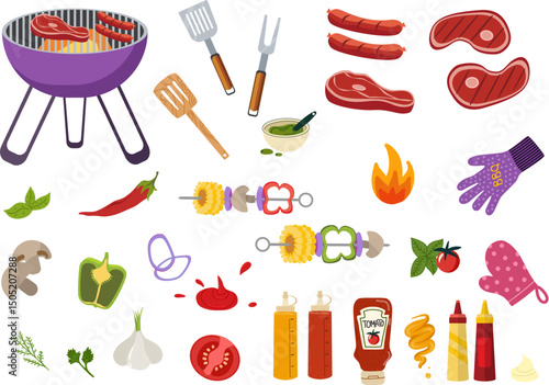BBQ set with grilled food and cooking tools. In cartoon style on a white background. Suitable for culinary and picnic themed content. 