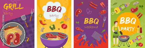 BBQ party invite cards with grill, food, and cooking tools. In cartoon style with colorful backgrounds. Suitable for summer event announcements.