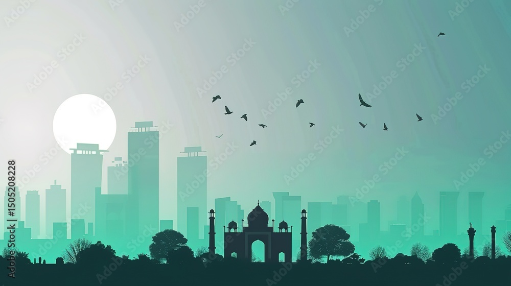 Fototapeta premium Republic Day City Background: Grand Buildings Mirror the National Flag, Painting a Timely Scroll of the Blending of Neon Brilliance and Patriotic Passion