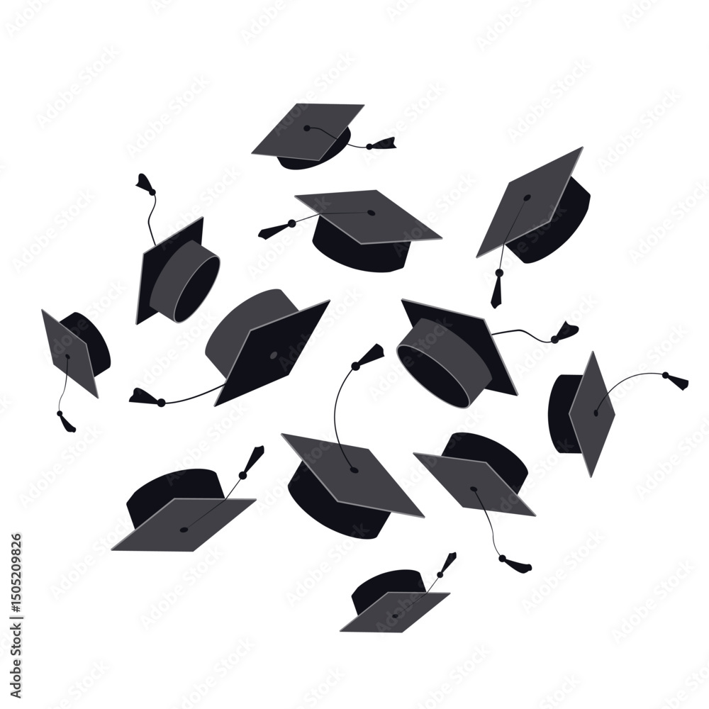 custom made wallpaper toronto digitalCloud of black graduation caps with tassels floating in the air on a white background. Graduation ceremony design element. Vector illustration.