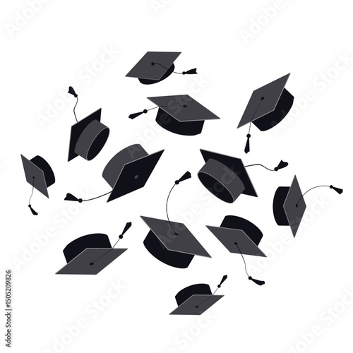 Cloud of black graduation caps with tassels floating in the air on a white background. Graduation ceremony design element. Vector illustration.