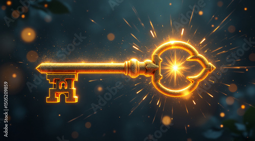Golden ornate key with luminous sparkles on a mystical background, full of magic