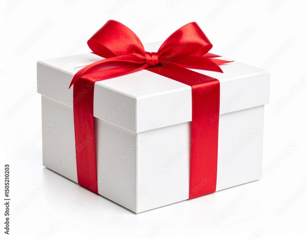 Gift Box with Red Ribbon, Square white gift box with glossy red ribbon, isolate on white background, transparent PNG Gift Box with Red Ribbon, Square white gift box with glossy red ribbon, isolate on white background, transparent PNG