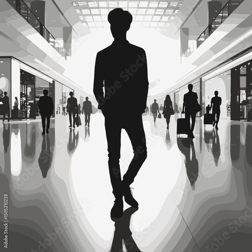 Silhouette of People in Modern Shopping Mall Interior – Black and White Illustration