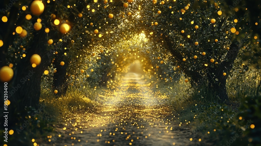 Naklejka premium Enchanting Pathway Through Golden Orange Orchard with Sunlight and Bokeh Effect Enhancing Natural Beauty