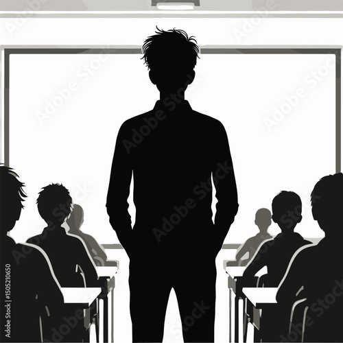 Silhouette Lecture Scene in Classroom Setting - Black and White Illustration