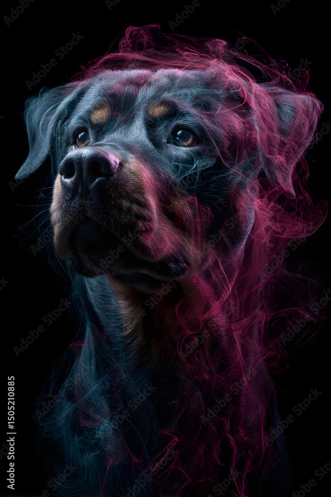 Obraz premium rottweiler dog emerges gracefully from vibrant colorful swirling smoke in dynamic artistic composition 