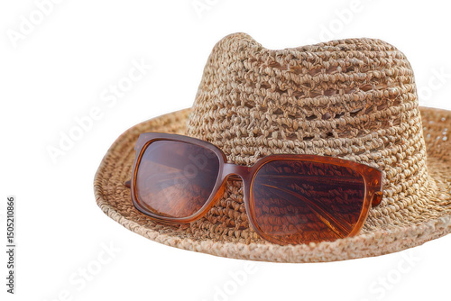 Summer Straw Hat and Sunglasses White Background Transparent Background