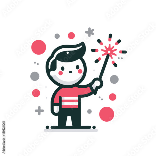 Cute Cartoon Child with Sparkler in Hand Celebrating in Flat Illustration Style