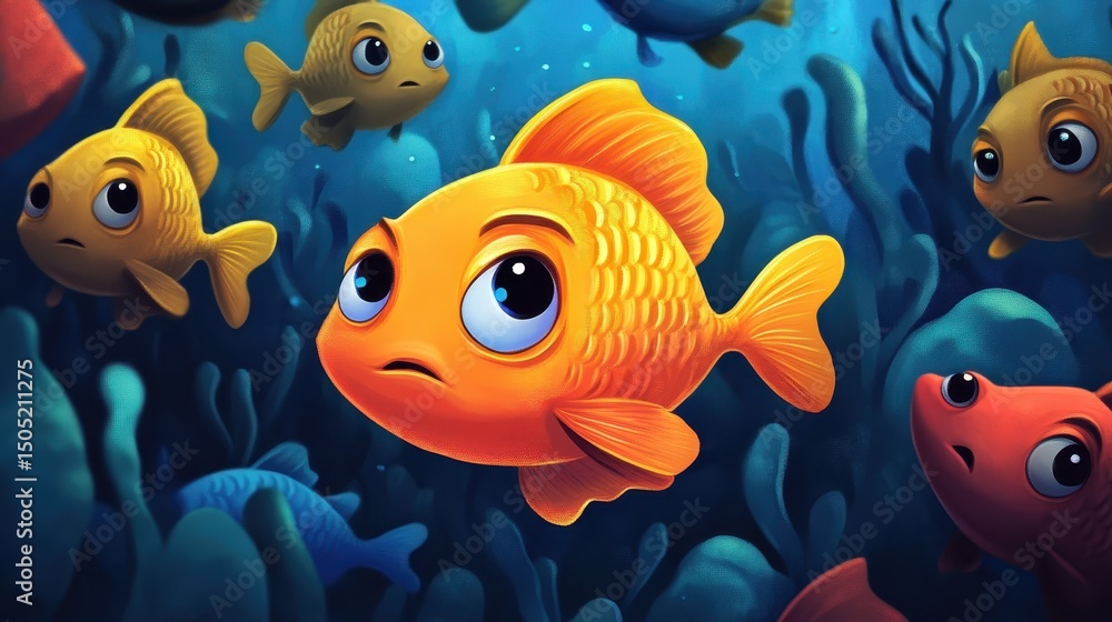 Naklejka premium School Of Fish Illustration. Bullying in Underwater World: Sad Little Fish in Group of Many-Colored Reef Fish