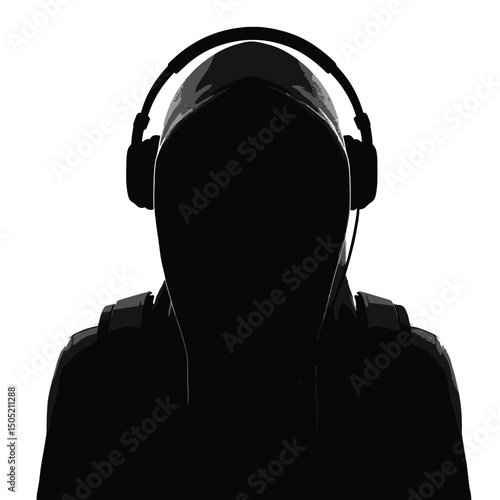 Silhouette of a Hooded Figure with Headphones - Bold Contrast Black and White Illustration