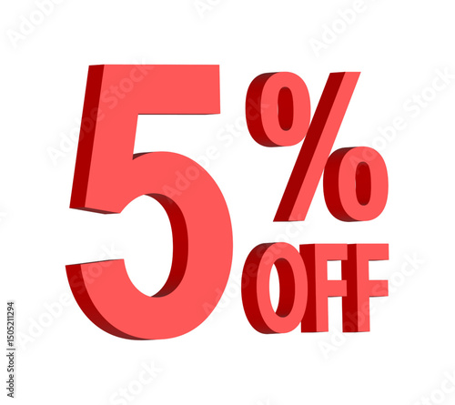5 percent off discount text graphic in bold red 3D letters, for promotional sale banner icon, coupons, and special offers, marketing design element, boosting savings and shopping deals	