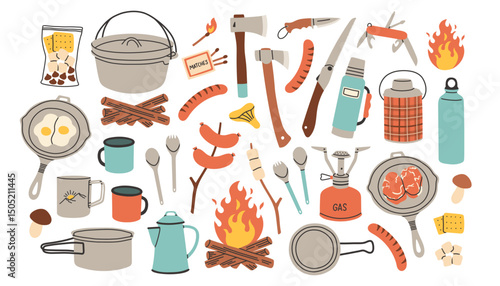 Camping food set. Summer travel and picnic stuff. Tourism and adventure accessories. Campfire, marshmallow, sausage, pan, thermos and mug. Flat graphic vector illustration isolated on white background