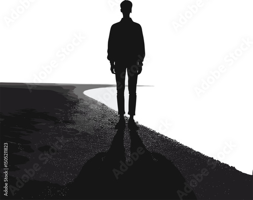 Silhouette of a Solitary Figure on a Shoreline in Black and White Art