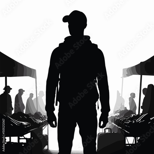 Silhouette of People at Outdoor Market in Black and White Illustration