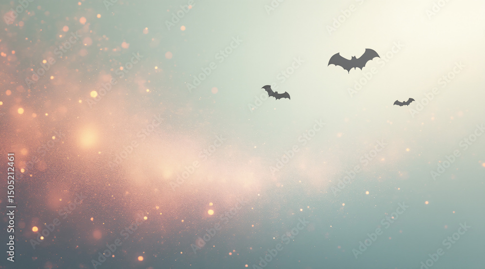 Fototapeta premium Ethereal Background with Bats Flying through Soft Colorful Bokeh Lights at Dusk