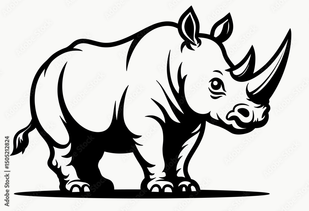 Obraz premium Black and white vector line illustration of a rhinoceros in profile with bold outlines, ideal for logos, tattoos, safari branding, and animal conservation projects