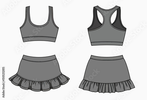 Flat technical fashion illustration of gray sports bra and pleated skirt set in front and back view, ideal for apparel design, activewear collections, and garment pattern references

