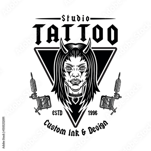 Vintage tattoo studio emblem with devil girl head and tattoo machines. Gothic, old school vector design for tattoo artists, studios, and apparel. Dark, edgy, and artistic illustration in retro style