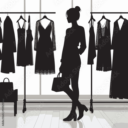 Fashion Shopping Silhouette Stylish Woman Perusing Elegant Black Dresses in Boutique - Black and White Illustration