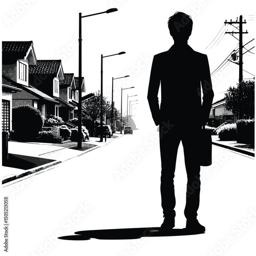 Silhouette of Businessman on Suburban Street - Black and White Urban Illustration