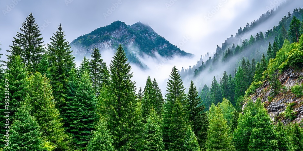 Fototapeta premium A forest soaked in mist and rain, looking mysterious and calm