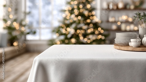 A white tablecloth sits in front of a Christmas tree