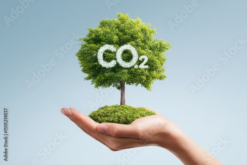 A hand holding a tree with the letters CO2 on it
