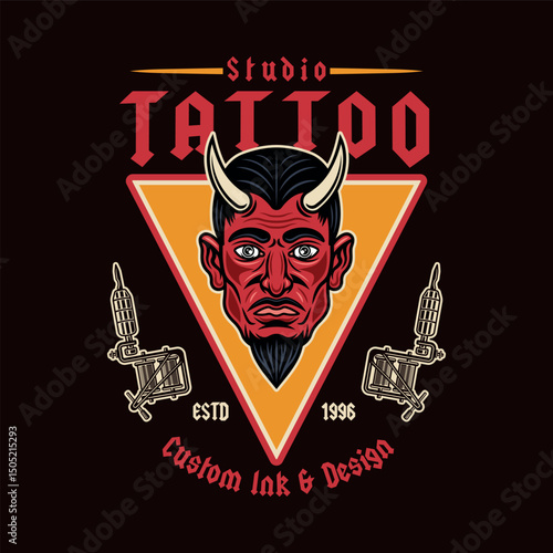 Vintage tattoo studio emblem with devil man head and tattoo machines. Classic colored vector illustration in retro style, perfect for tattoo designs, apparel prints, and branding
