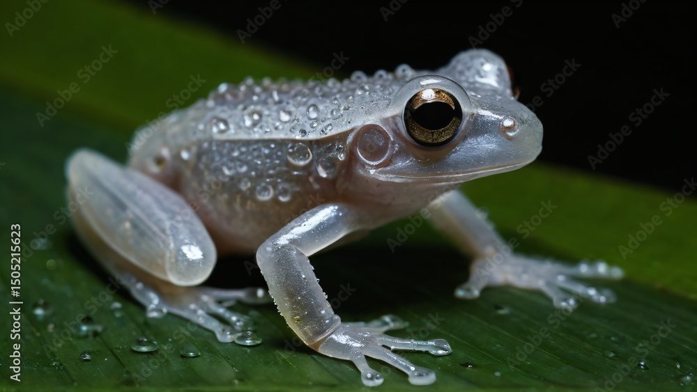 Obraz premium A transparent frog adorned with water droplets rests on a vibrant green leaf, illuminated under studio lighting emphasizing details and colors.