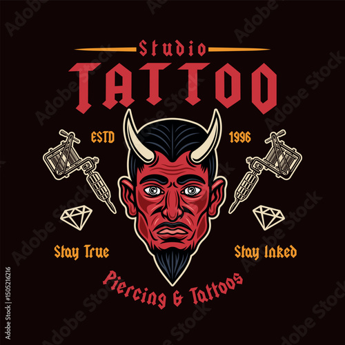 Vintage tattoo studio emblem with devil man head and tattoo machines. Classic vector illustration in retro style, perfect for tattoo designs, apparel prints, and branding