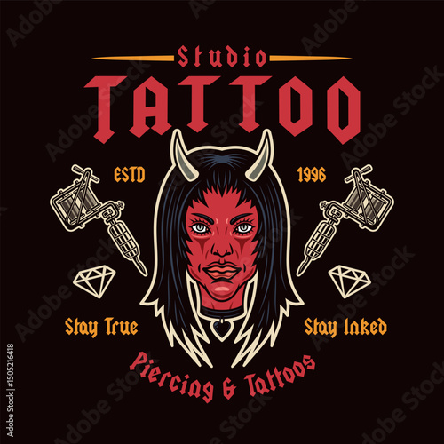 Vintage tattoo studio emblem with devil girl head and tattoo machines. Gothic, old school vector design for tattoo artists, studios, and apparel. Dark, edgy, and artistic illustration in retro style