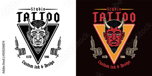 Vintage tattoo studio emblem with devil man head and tattoo machines. Two styles vector illustration in retro style, perfect for tattoo designs, apparel prints, and branding