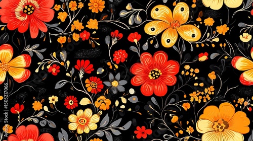 Red and gold floral design in traditional Khokhloma style, great for ethnic print materials, souvenir packaging, and heritage branding.